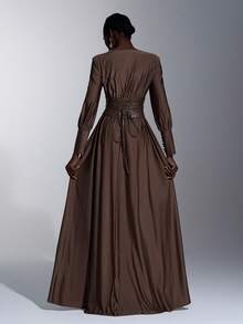 Elitara Elegant, Romantic, Fashionable Coffee Brown Pleated Decor Elastic Waist A-Line Mini Train Dress, Suitable For Wedding Guest, Holiday, Birthday Party, Wedding Ceremony, Bridesmaid - Coffee Brown - View 3