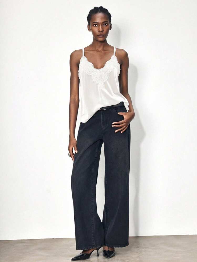 SHEIN Maija Canotta in pizzo bianco e velluto, stile urban commuter casual elegante, adatta per Ringraziamento, Natale, Capodanno, matrimoni, ufficio, look minimalista di base