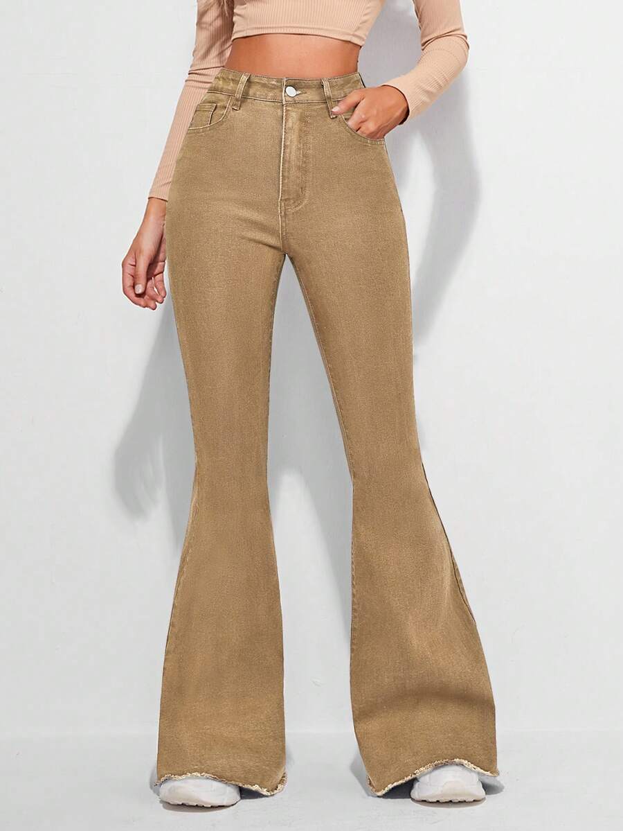 EMERY ROSE Raw Hem Slant Pocket Casual Flare Leg Vintage Jeans - Khaki - View 1