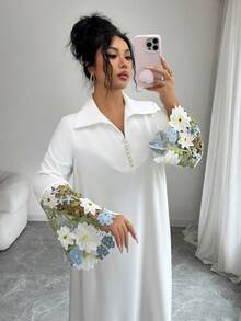 Yasmyna Women's Floral Lace Patchwork Long Sleeve Elegant Arabic Dress - White - View 8
