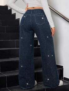 SHEIN BAE Jeans de pierna ancha con brillos y adornos de strass de moda para mujer, ideales para fiestas de Año Nuevo y eventos chic de invierno - Azul lavado oscuro - Ver 6