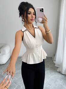 Elenzga Women's Casual Elegant Sleeveless Blouse With Contrast Ruffle Trim, Suitable For Spring/Summer, Commute, Vacation, Afternoon Tea, Valentine's Day Party - Apricot - View 4