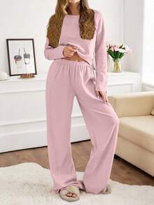 EURMUSE Women 2pcs Rib Knit With Round Neck Long Sleeve Top&Pants Homewear Comfort Lounge Set - Coral Pink - View 1