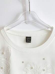 Everyssa 女士夏季针织弹力圆领短袖铆钉镂空花卉休闲T恤 - 白色 - 查看 4