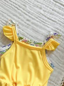SHEIN Vintaside Kids 2pcs/Set Young Girls Floral Print Sleeveless A-Line Elastic Waist Dress, Suitable For Casual, Beach, Holiday Wear, Summer - Yellow - View 7