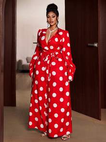 Maweii 大码女士优雅派对深V领系腰波点连体裤