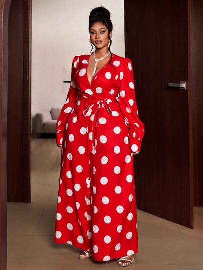 Maweii 大码女士优雅派对深V领系腰波点连体裤