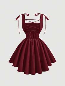 SHEIN MOD 黑色浪漫露背蝴蝶结连衣裙，适合约会、派对、度假、下午茶、生日等场合。 - 酒紅色 - 查看 2