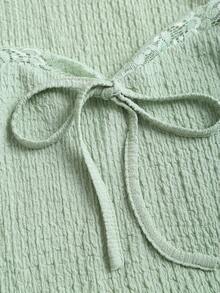 Sweetra Women Sage Green Elegant Fall Winter Date T-Shirt,Textured Lace Trim Tie Bow Design Flare Sleeve Elastic Tight Fitted Top For Party,Commute,,Travel - Mint Green - View 4
