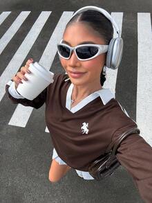 Muchica Female Carnival Costume  Brown And White Ribbon V-Neck Long-Sleeved T-Shirt, Suitable For Spring And Autumn. - Brown - View 6