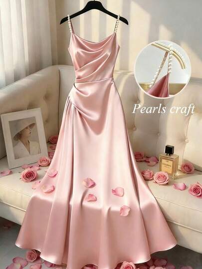 Franclia Women's Spring Styles, Elegant Spring/Summer Resort Styles, Formal Dresses, Tulle Neckline Dresses, Pearl Necklace Styles, Pleated Sleeveless Slimming Dresses.