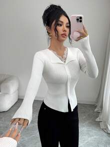Selianne Fashionable V-Neck Contrast Lace Faux Cardigan Slim Casual White Sweater For Women - White - View 1