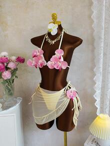 Swim SXY New Fashionable 3pcs/Set 3D Orchid Halter Bikini Top, Tie-Up Triangle Bottoms, Ruffle Mesh Mini Skirt Swimsuit Set (Flower Pattern Random) - Yellow - View 6