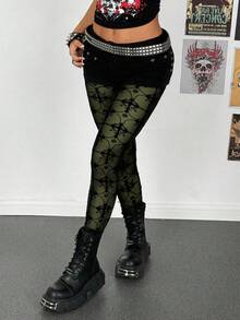 StreetHx Women's Black Sheer Mesh Punk Flocked Leggings - Army Green - View 3