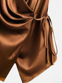 Airaco 女士休闲裹身系带不对称下摆衬衫，适合夏季通勤 - 銅色 - 查看 5