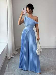 Modelyn Blue Pearl Shoulder Ruched Jumpsuit For Women - Baby Blue - View 2