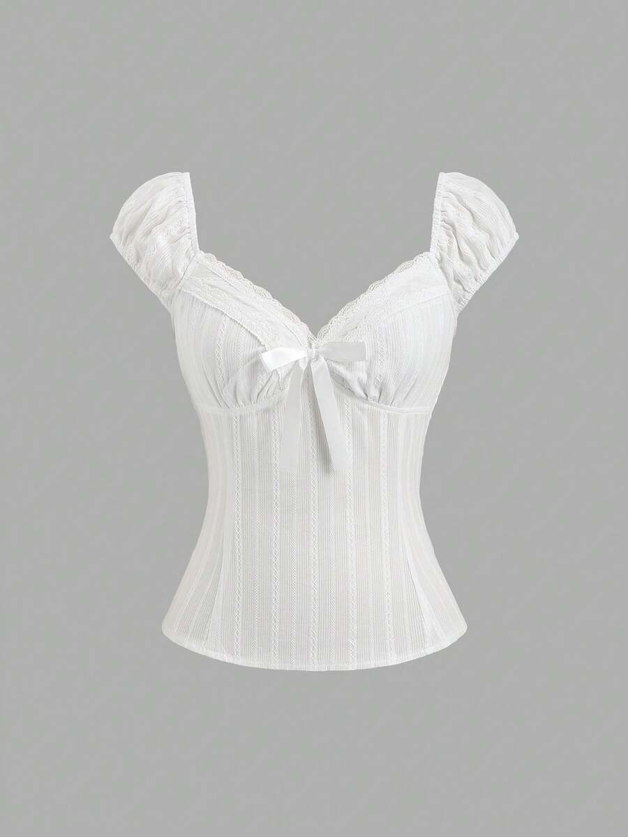 Sweetra 甜美辛辣纯色蕾丝边V领蝴蝶结修身100%纯棉夏季女式衬衫 - 白色 - 查看 1