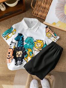 SHEIN 2件套男童可爱动物印花翻领宽松纽扣短袖衬衫和纯色贴袋短裤套装 - 黑色 - 查看 3