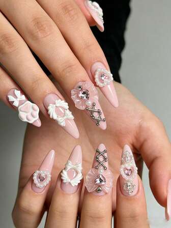 Kawaii 10 piezas de uñas postizas de estilo lindo con diseño de garra de gato, corona y elementos pintados a mano, reutilizables + 3 piezas de cinta adhesiva de doble cara, pegatinas de diamante de alta calidad con forma de almendra larga y armadura, adecuadas para fiestas, bailes y uso diario