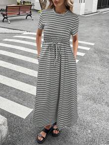 Siren Gaze 女士条纹圆领短袖系腰带口袋休闲中长连衣裙 女士夏季连衣裙 女士夏季套装 女士休闲套装 连衣裙 女士夏季套装 带口袋长款连衣裙 - 深灰色 - 查看 5