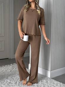 EURMUSE Tall 高个女款纯棉两件套罗纹针织圆领短袖衬衫和长裤家居服舒适休闲套装 - 棕色 - 查看 4