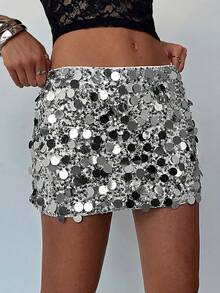 Aloruh Women's Sexy Low Waist Sequin Embroidered Mini Skirt For Party - Silver - View 5
