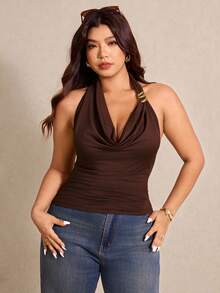 Elaquor 大码女式纯色深V领金属装饰时尚吊带背心巧克力棕色上衣春季女式上衣 - 咖啡棕 - 查看 6