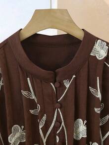 Lacomfia Áo kiểu dáng ôm sát tay dài, cổ bướm, thêu tinh tế, cỡ lớn, thích hợp cho mùa xuân và mùa thu. - màu nâu - Xem 6