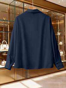 GlowEve CURVE Navy Blue Plus Size Casual Collared Shirt, Regular Long Sleeve Blouse With Asymmetrical Hem And Ruched Front Ruched Front Knot Detail And Ruched Hem - Navy Blue - View 2