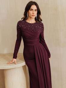 Anewsta Đầm xếp ly thanh lịch đính đá lấp lánh, thích hợp cho tiệc tùng, đám cưới, mùa xuân, mùa hè, những dịp trang trọng, ngày Valentine, lễ hội. - Màu đỏ tím - Xem 4