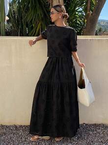 DAZY 2pcs Women Casual Lace Hollow Puff Sleeve Top And Skirt Set, Autumn/Winter