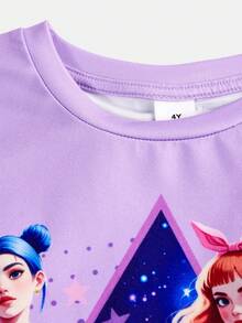 SHEIN 2件套少女KPOP女团印花宽松T恤+针织裤，休闲时尚百搭，适合派对、郊游、与朋友拍照、公园、露营、度假、日常休闲穿着 - 紫色 - 查看 4