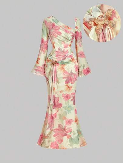 SHEIN MOD Vestido con manga acampanada asimétrica en el hombro, hebilla metálica con lazo, adecuado para primavera, jardín, vacaciones, playa, uso diario, té de la tarde