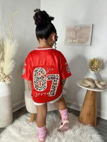 SHEIN Young Girls Six Seven Print Loose T-Shirt, Fashionable, Versatile, Suitable For Party, Photoshoot With Friends, Park, Camping, Vacation, Casual Daily Wear - Red - View 2