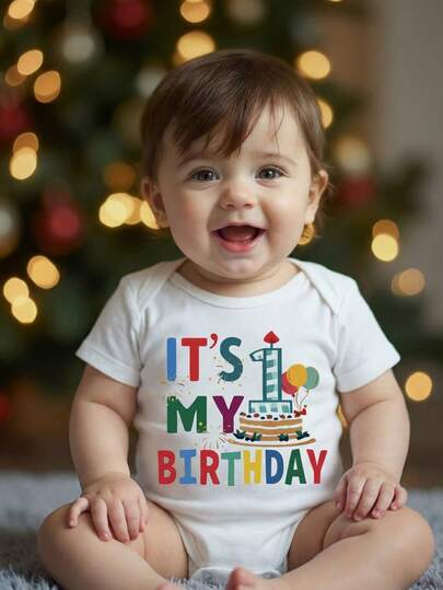 SHEIN Playful Pals Pelele de manga corta con estampado de letras "Mi primer cumpleaños" para bebé niño, adecuado para primavera/verano y días festivos