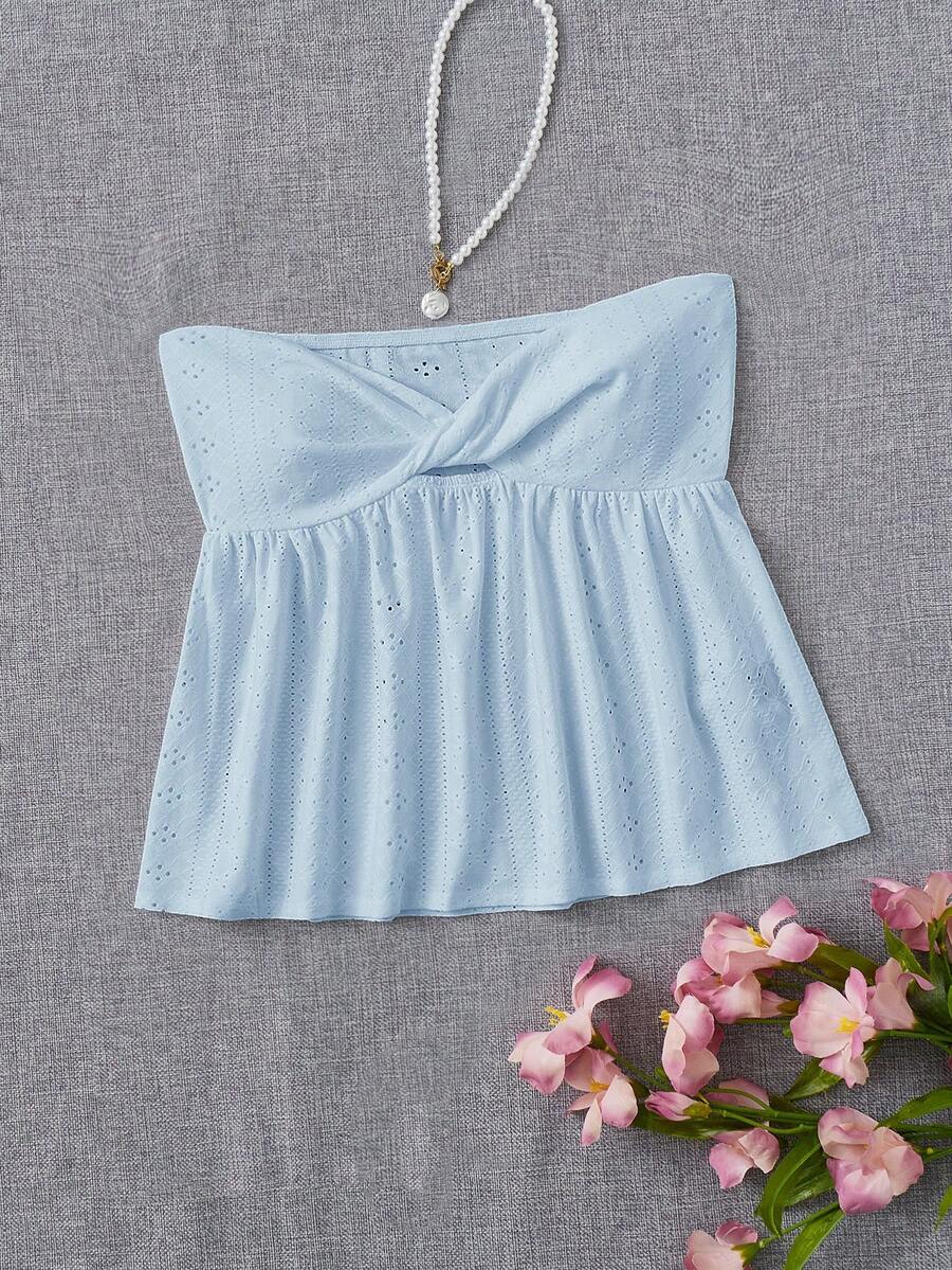 SHEIN EZwear 镂空刺绣扭结前开衩抹胸白色上衣 - 藍色 - 查看 1