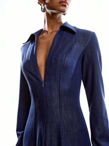 LYSMO 女士纯色拉链收腰长款派对连衣裙 - 藏蓝色 - 查看 4