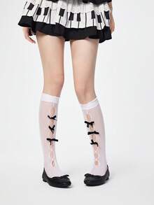 ROMWE Goth 女士时尚系带圆头蝴蝶结装饰套脚鞋，印花软底玛丽珍鞋，适合派对、通勤和休闲穿着，春秋季情人节 - 黑色 - 查看 2