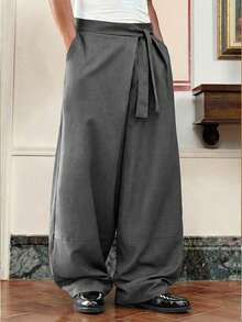 SWAVVY 男士纯色腰带口袋阔腿宽松休闲裤 男士阔腿裤 日系裤 男士正装裤 - 灰色 - 查看 3