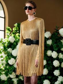 Arave Đầm ngắn dự tiệc/hẹn hò thời trang cổ tròn có tua rua dành cho nữ - Màu Khaki - Xem 6