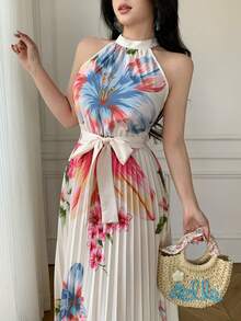 Celisse Women's Elegant Floral Print Pleated Dress, Summer - Apricot - View 1