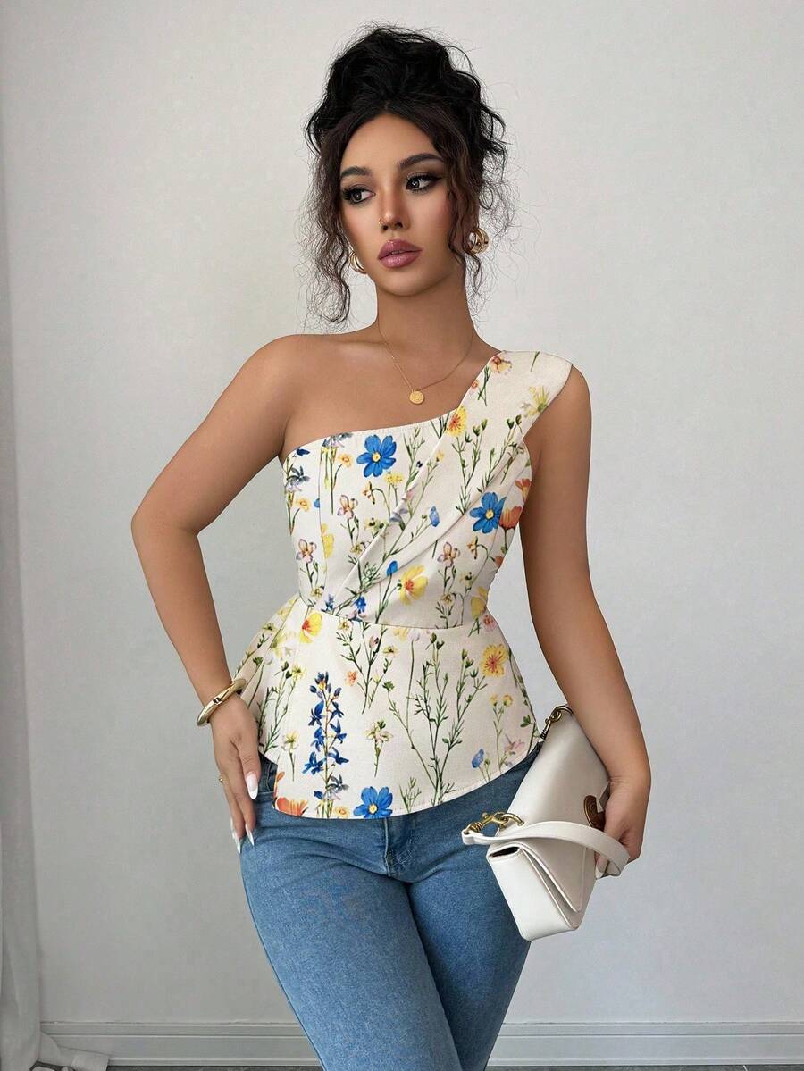 Elenzga Women's Elegant Floral Print Asymmetric Ruffle Top, With Waist Cinching Design To Accentuate Curves And Exude Refined Sophistication. Suitable For Various Occasions, From Formal Work Attire And Commuting, To Sexy, Romantic French Style, Casual Outings, Vacations, Middle Eastern Vintage Themed Events, Cozy Afternoon Tea Gatherings, Glamorous Parties, As Well As New Year, Thanksgiving And Christmas Celebrations. - Apricot - View 1