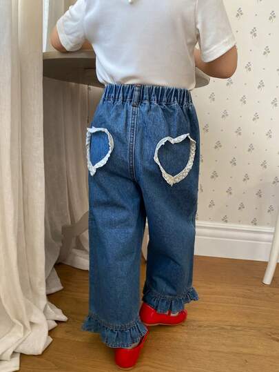 DAZY Young Girl' Vintage Denim Jeans With Collar, Heart & Ruffle Trim, Korean Style