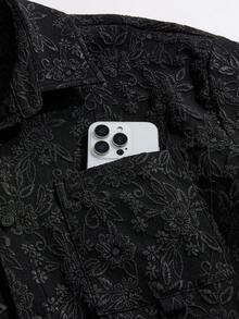 SWAVVY Men's Fashionable Jacquard Short Sleeve Shirt, Spring/Summer - Black - View 6