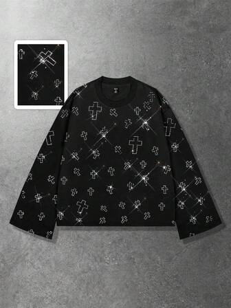 Camiseta de manga larga con cuello redondo, casual y de moda, con adornos de strass, unisex