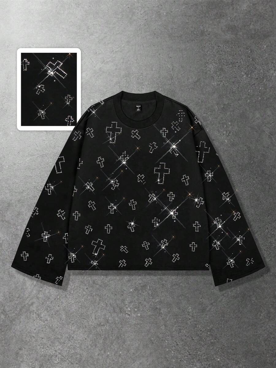 ROMWE MEN Unisex Casual Fashionable Rhinestone Embellished Crew Neck Long Sleeve T-Shirt - Black - View 1