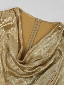 Franclia 大码优雅纯色金箔垂褶领长袖连衣裙，春夏款 - 金色 - 查看 3