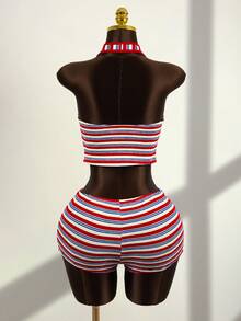 Zestiva 2pcs Special Fabric Halter Drawstring Top And Briefs Elegant Swimsuit Set - Multicolor - View 2