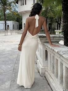 Opulessa 纯色露背扭结吊带休闲时尚无袖连衣裙 - 杏色 - 查看 4