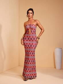 JIAN LASALA Rochie maxi mulată cu imprimeu integral din plasă, decolteu halter, fără mâneci, bustier, decupat, pentru femei - Multicolor - Vizualizare 4